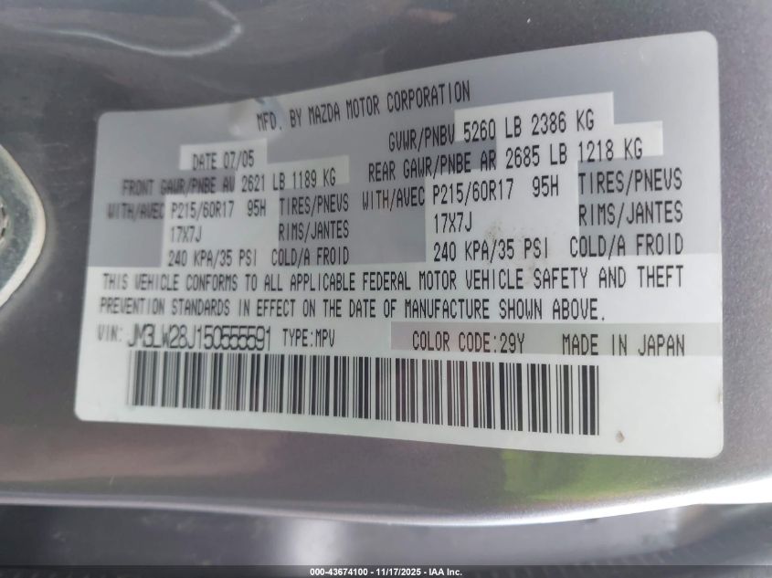 2005 Mazda Mpv Es VIN: JM3LW28J150555591 Lot: 43674100