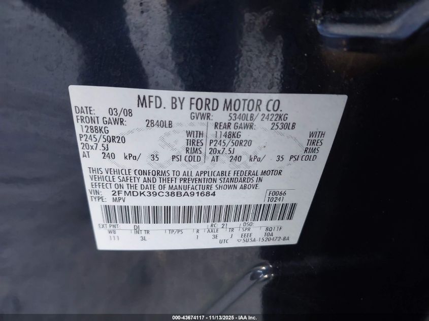 2008 Ford Edge Limited VIN: 2FMDK39C38BA91684 Lot: 43674117