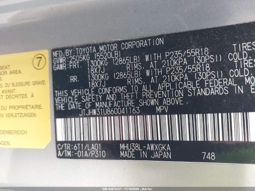 2006 Lexus Rx 400H VIN: JTJHW31U860041163 Lot: 43674127