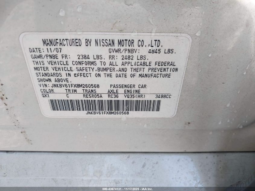 2008 Infiniti G35X VIN: JNKBV61FX8M260568 Lot: 43674131