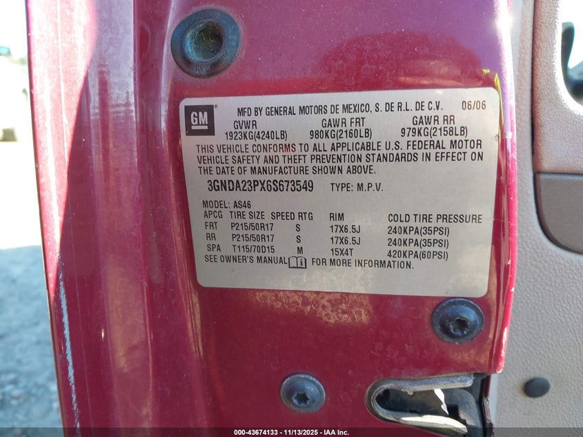 2006 Chevrolet Hhr Lt VIN: 3GNDA23PX6S673549 Lot: 43674133