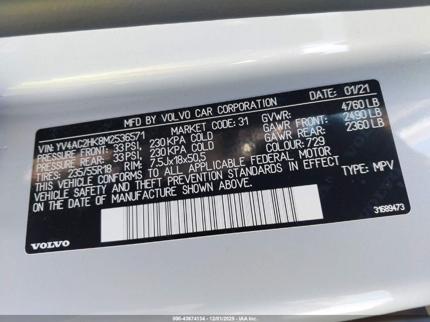 2021 Volvo Xc40 T4 Momentum VIN: YV4AC2HK8M2536571 Lot: 43674134