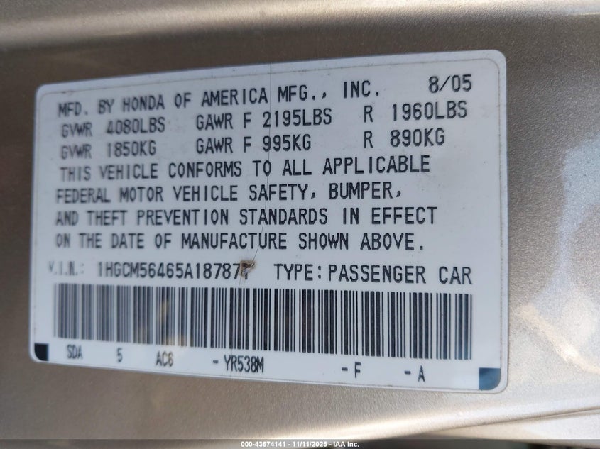 1HGCM56465A187871 2005 HONDA ACCORD photo no. 9