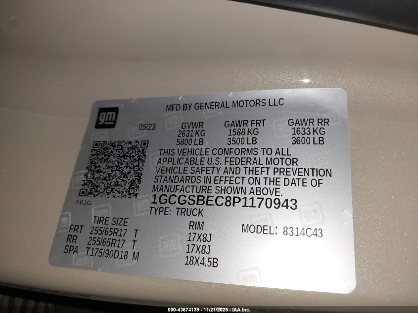 2023 Chevrolet Colorado 2Wd Short Box Wt VIN: 1GCGSBEC8P1170943 Lot: 43674139