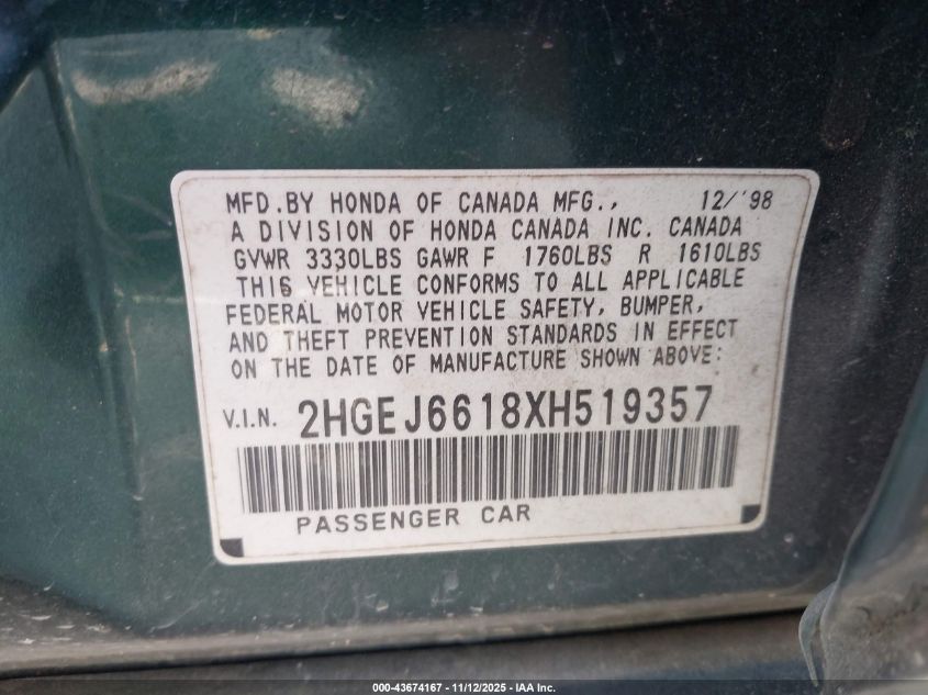 1999 Honda Civic Value Package VIN: 2HGEJ6618XH519357 Lot: 43674167