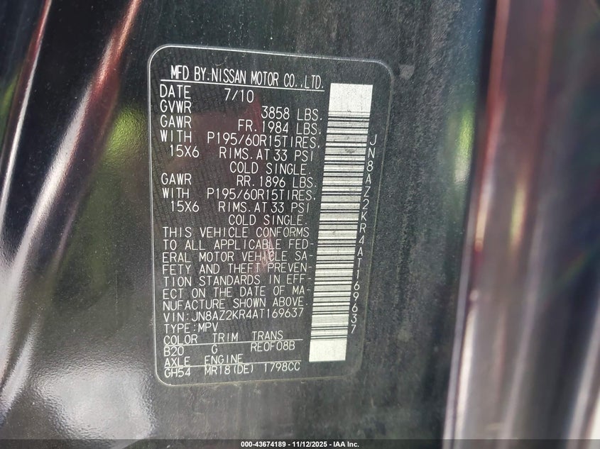 2010 Nissan Cube 1.8S VIN: JN8AZ2KR4AT169637 Lot: 43674189