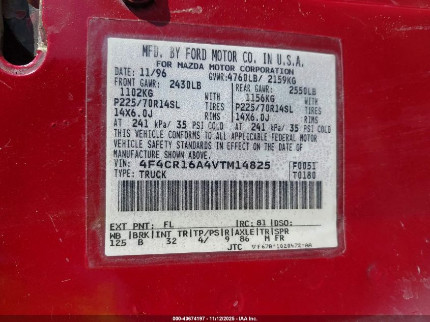 1997 Mazda B2300 Se VIN: 4F4CR16A4VTM14825 Lot: 43674197