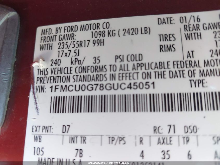 2016 Ford Escape Se VIN: 1FMCU0G78GUC45051 Lot: 43674199