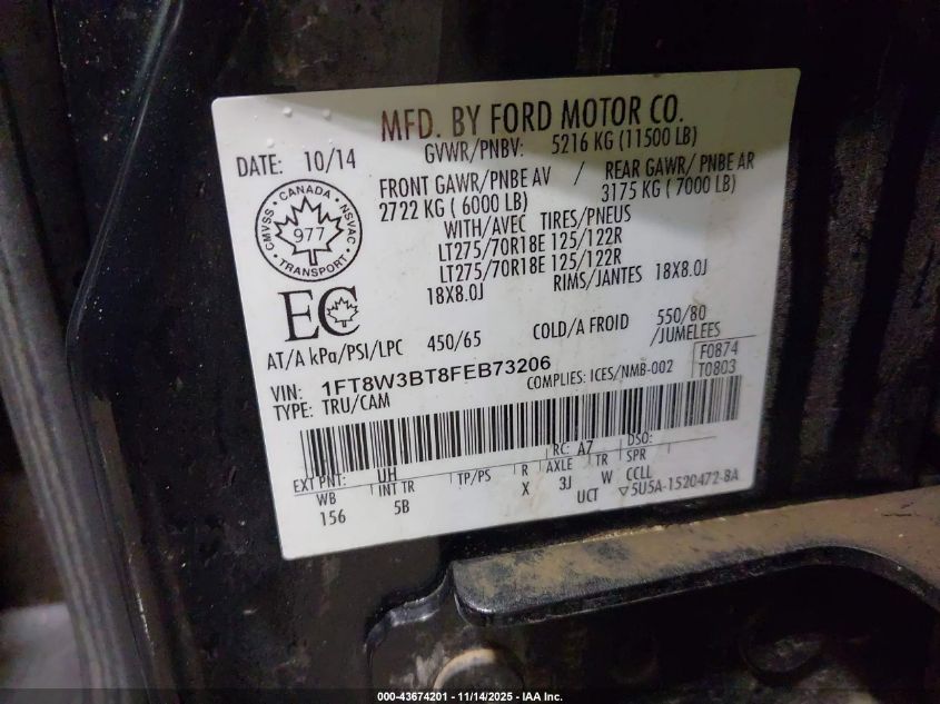 2015 Ford F-350 Lariat VIN: 1FT8W3BT8FEB73206 Lot: 43674201