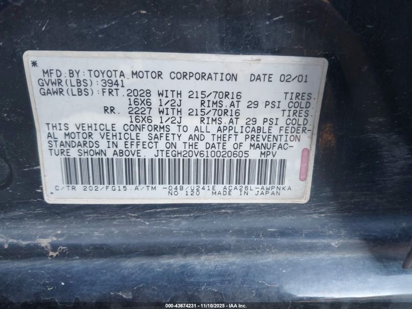 2001 Toyota Rav4 VIN: JTEGH20V610020605 Lot: 43674231