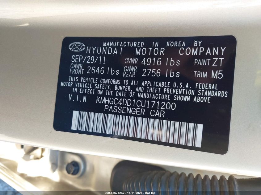 2012 Hyundai Genesis 3.8 VIN: KMHGC4DD1CU171200 Lot: 43674242