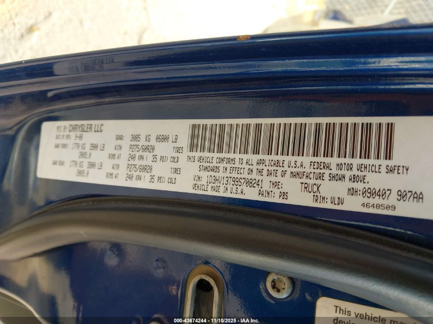2009 Dodge Ram 1500 Laramie VIN: 1D3HV13T99S708241 Lot: 43674244
