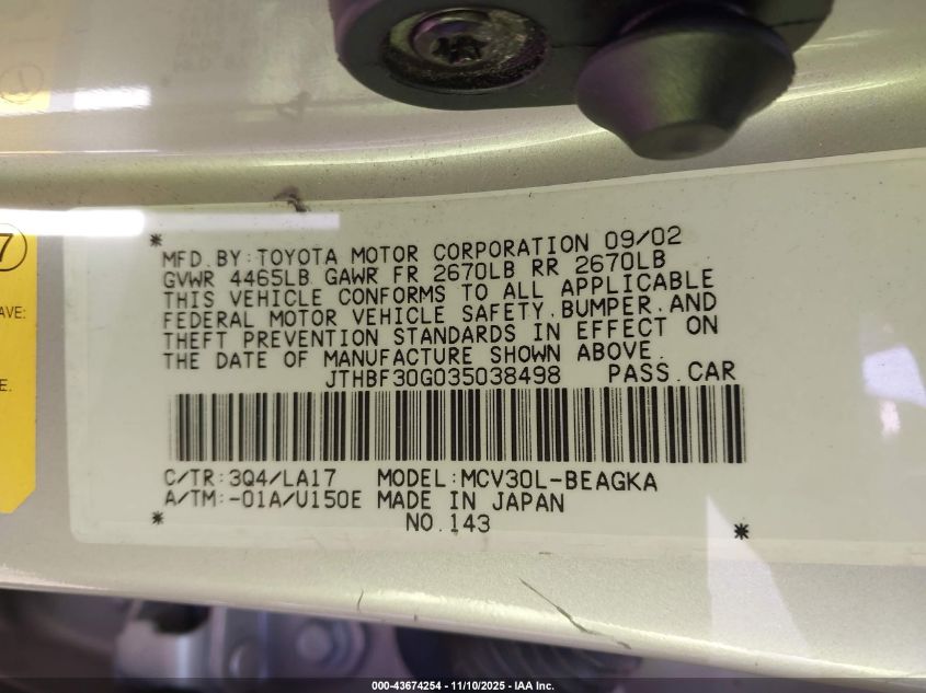 2003 Lexus Es 300 VIN: JTHBF30G035038498 Lot: 43674254