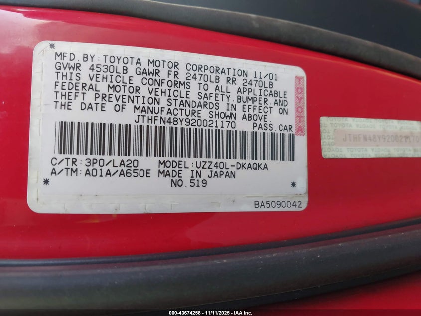 2002 Lexus Sc 430 VIN: JTHFN48Y920021170 Lot: 43674258