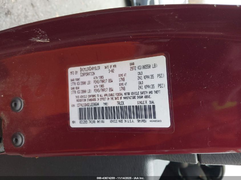 2002 Dodge Ram 1500 St VIN: 1D7HU16N82J220604 Lot: 43674259