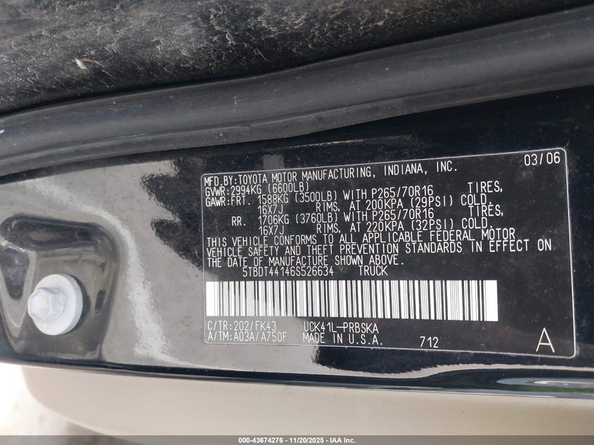 2006 Toyota Tundra Sr5 V8 VIN: 5TBDT44146S526634 Lot: 43674276
