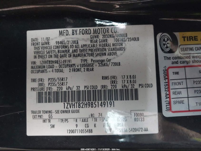 2008 Ford Mustang Gt Deluxe/Gt Premium VIN: 1ZVHT82H985149191 Lot: 43674281