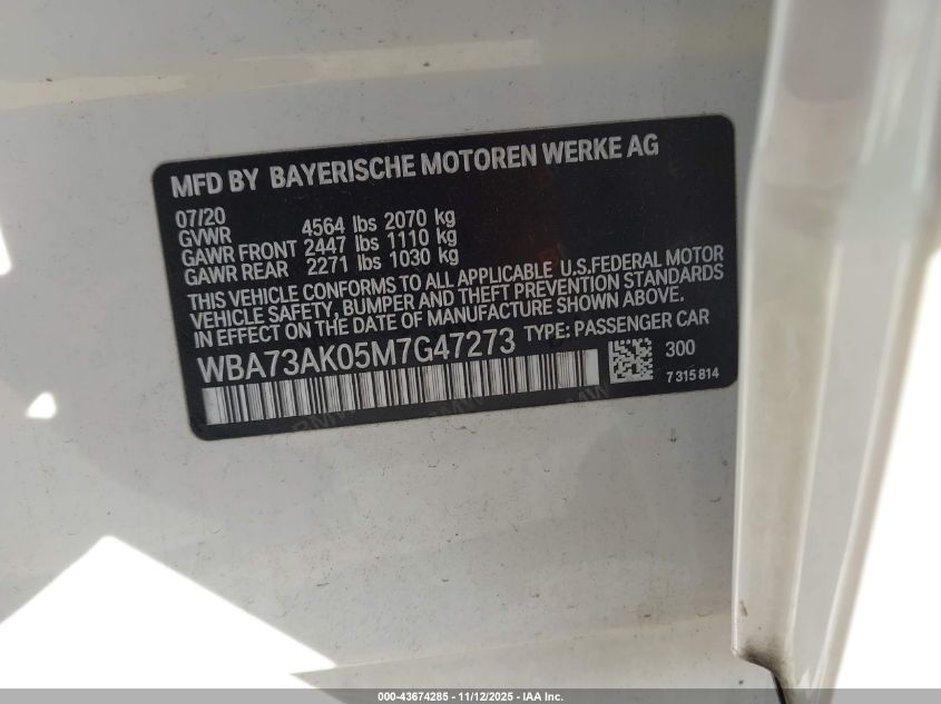 2021 BMW 228I Gran Coupe xDrive VIN: WBA73AK05M7G47273 Lot: 43674285