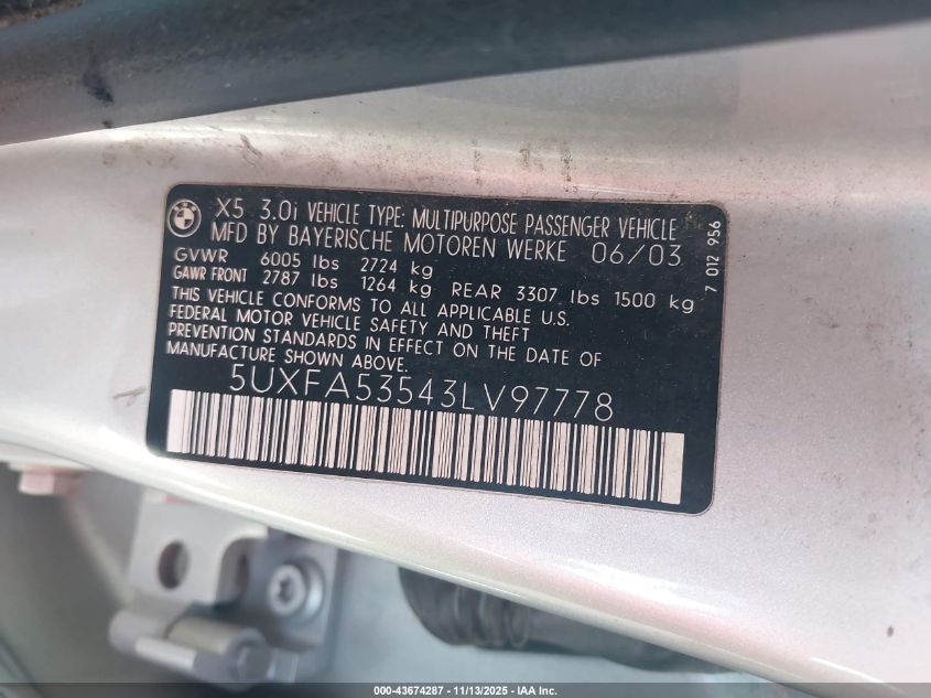 2003 BMW X5 3.0I VIN: 5UXFA53543LV97778 Lot: 43674287
