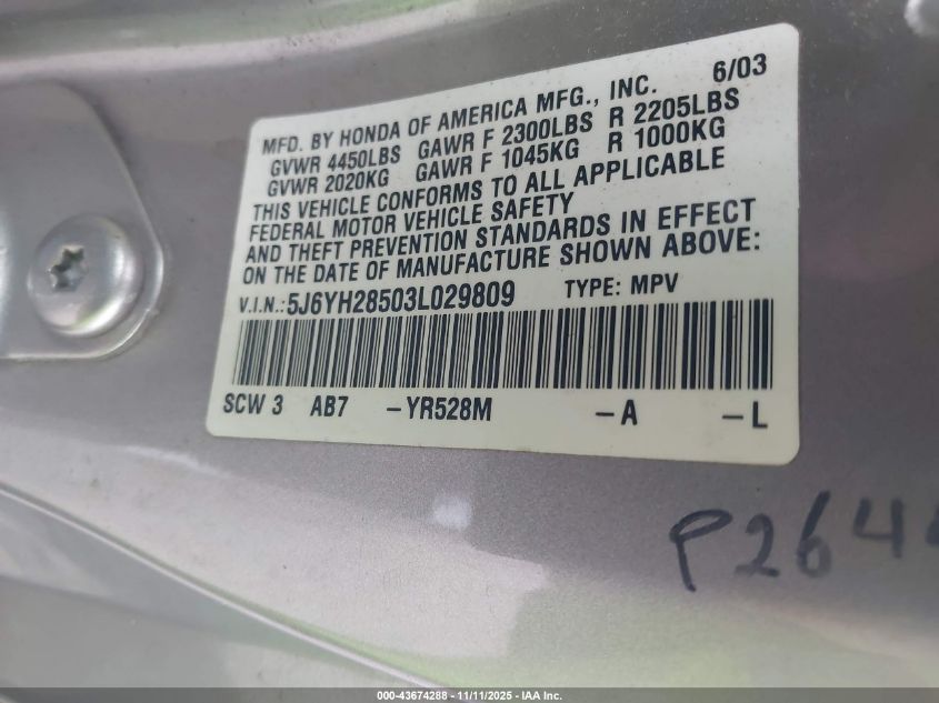 2003 Honda Element Ex VIN: 5J6YH28503L029809 Lot: 43674288