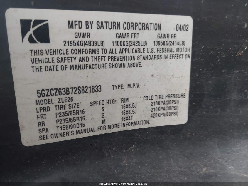 2002 Saturn Vue V6 VIN: 5GZCZ63B72S821833 Lot: 43674298