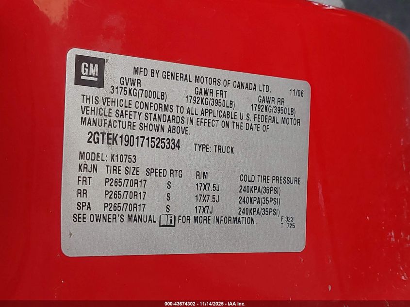 2007 GMC Sierra 1500 Sle2 VIN: 2GTEK190171525334 Lot: 43674302