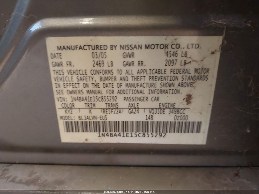 2005 Nissan Maxima 3.5 Se VIN: 1N4BA41E15C855292 Lot: 43674305