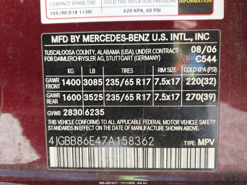 2007 Mercedes-Benz Ml 350 VIN: 4JGBB86E47A158362 Lot: 43674317