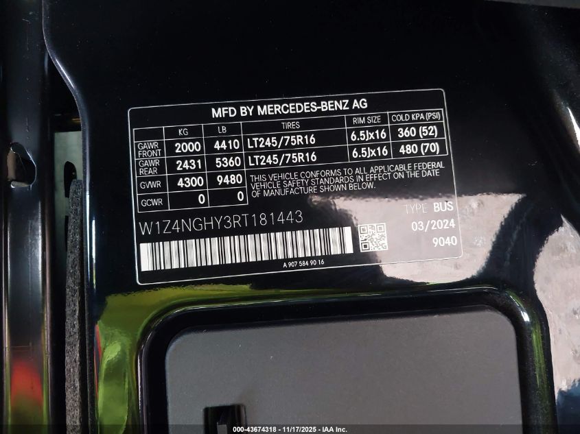 2024 Mercedes-Benz Sprinter 2500 High Roof 4-Cyl Diesel Ho VIN: W1Z4NGHY3RT181443 Lot: 43674318