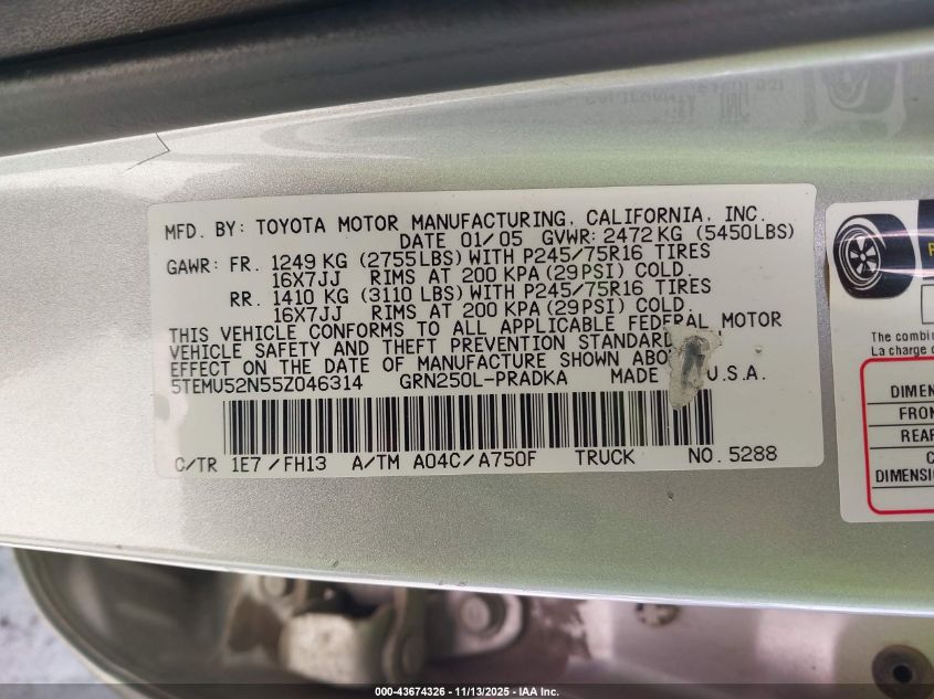 2005 Toyota Tacoma Base V6 VIN: 5TEMU52N55Z046314 Lot: 43674326