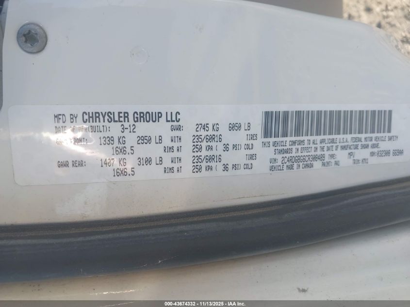 2012 Dodge Grand Caravan Se/Avp VIN: 2C4RDGBG6CR308489 Lot: 43674332