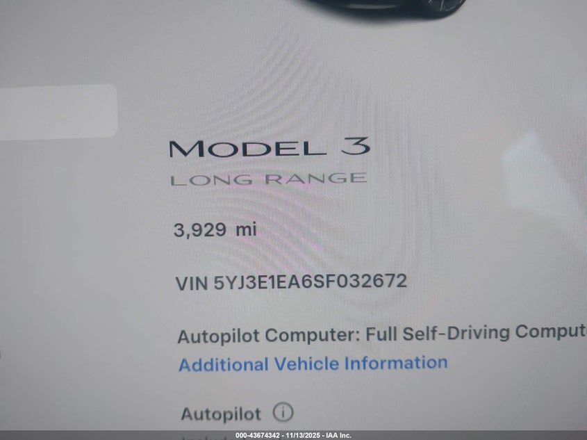 2025 Tesla Model 3 Long Range Rear-Wheel Drive/Standard VIN: 5YJ3E1EA6SF032672 Lot: 43674342