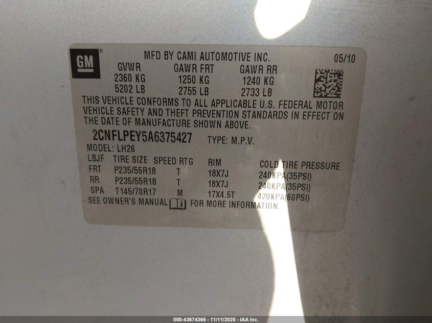 2CNFLPEY5A6375427 2010 CHEVROLET EQUINOX photo no. 9