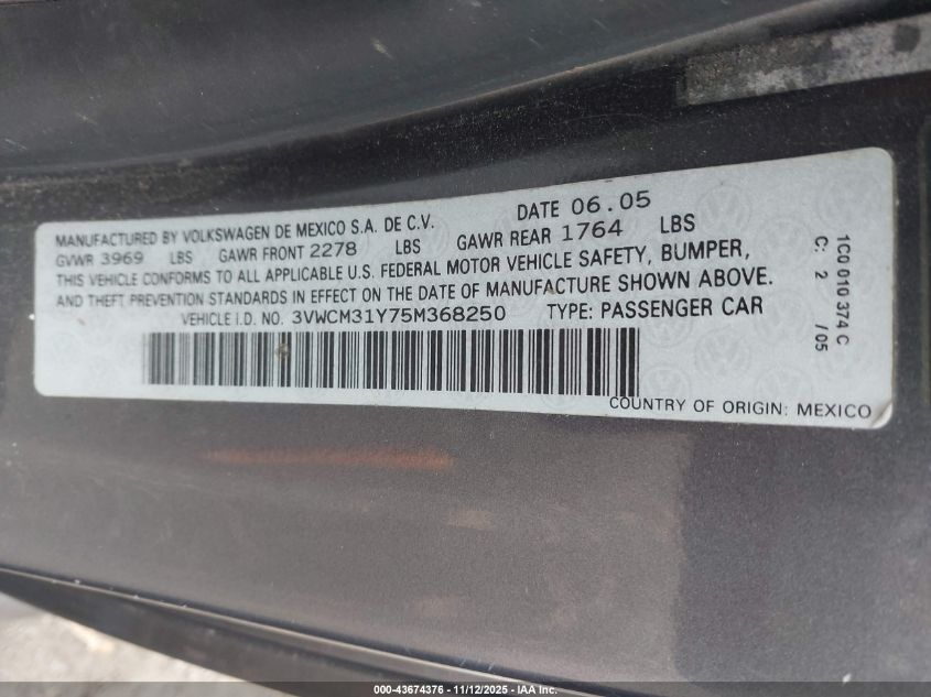 2005 Volkswagen New Beetle Gls VIN: 3VWCM31Y75M368250 Lot: 43674376