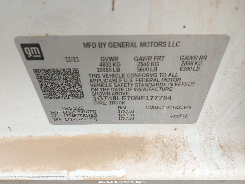 2022 GMC Sierra 2500Hd 4Wd Long Bed Pro VIN: 1GT49LE70NF177764 Lot: 43674378