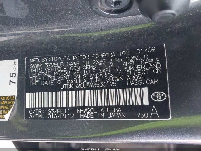 2009 Toyota Prius VIN: JTDKB20U893530195 Lot: 43674384