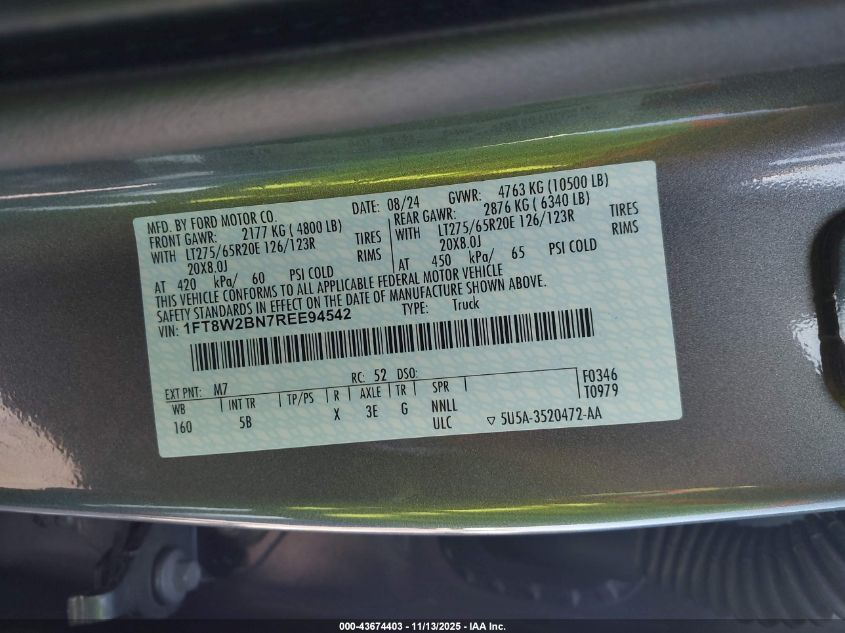 2024 Ford F-250 Lariat VIN: 1FT8W2BN7REE94542 Lot: 43674403