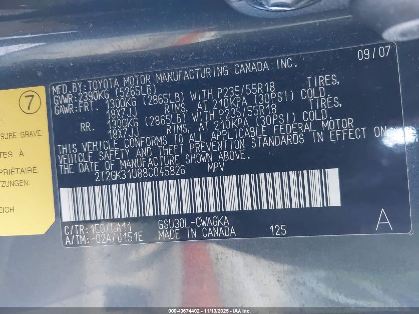 2008 Lexus Rx 350 VIN: 2T2GK31U88C045826 Lot: 43674402