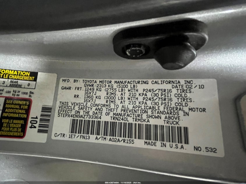 5TEPX4EN9AZ733364 2010 TOYOTA TACOMA photo no. 9
