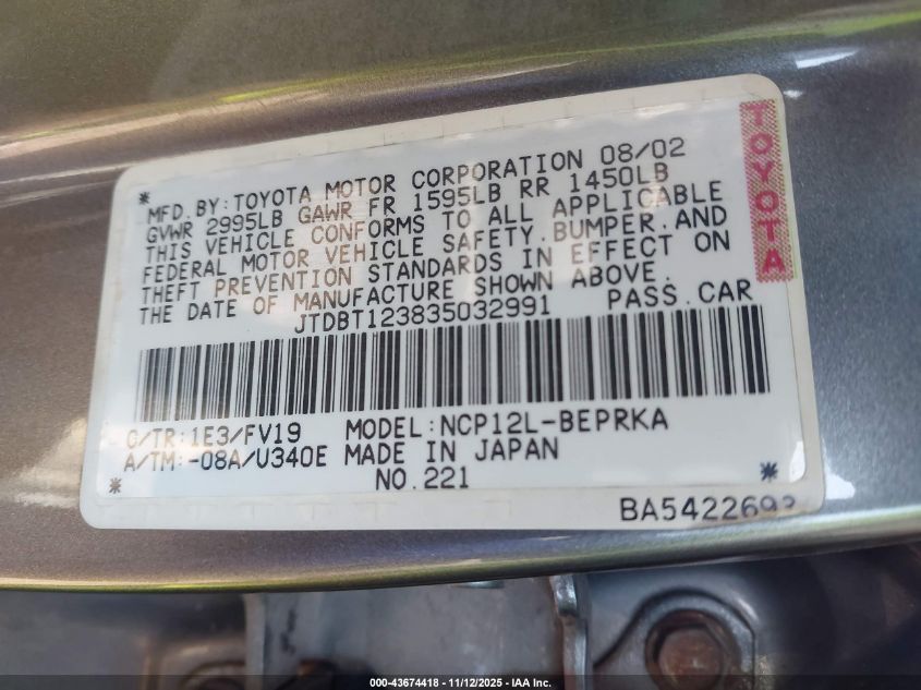 2003 Toyota Echo VIN: JTDBT123835032991 Lot: 43674418