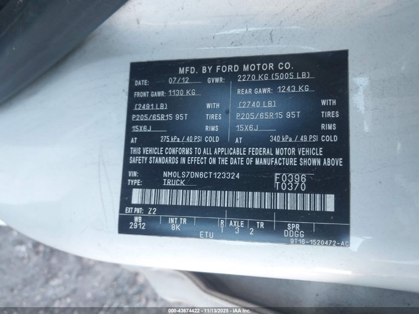 2012 Ford Transit VIN: NMOLF7DN6CT123324 Lot: 43674422