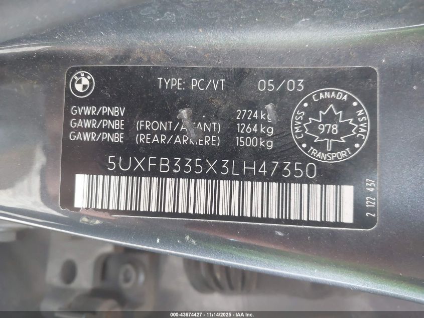 2003 BMW X5 4.4I VIN: 5UXFB335X3LH47350 Lot: 43674427