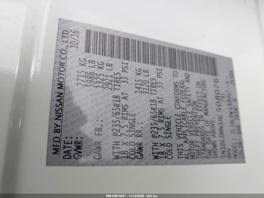 2017 Infiniti Qx60 VIN: 5N1DL0MN1HC508076 Lot: 43674437