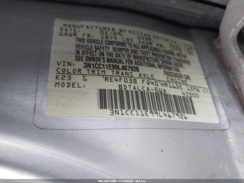 2009 Nissan Versa 1.6 VIN: 3N1CC11E99L467926 Lot: 43674450