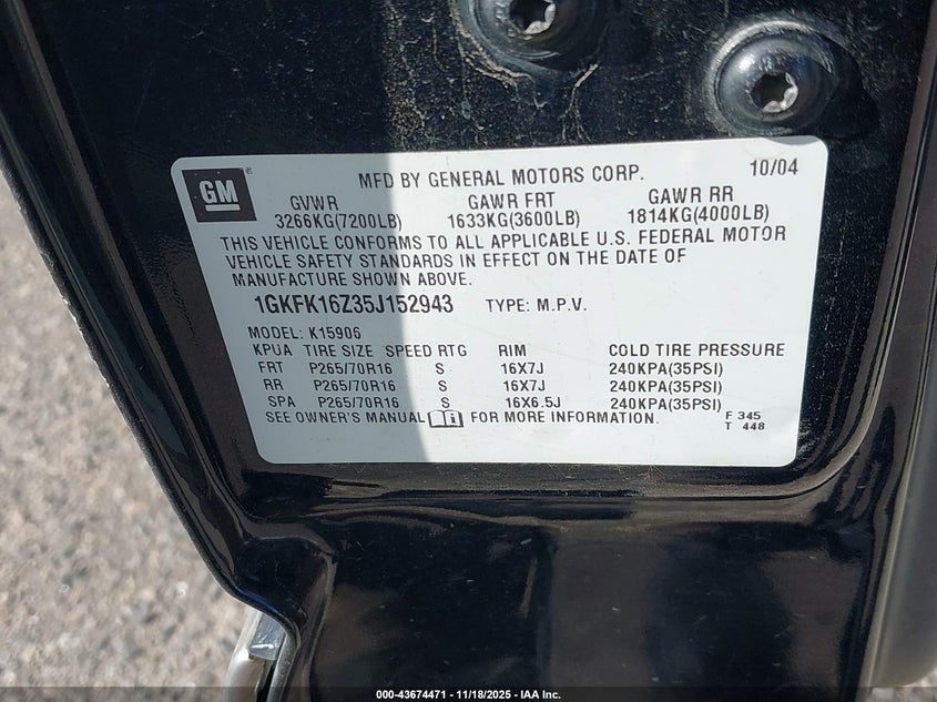 2005 GMC Yukon Xl 1500 Slt VIN: 1GKFK16Z35J152943 Lot: 43674471