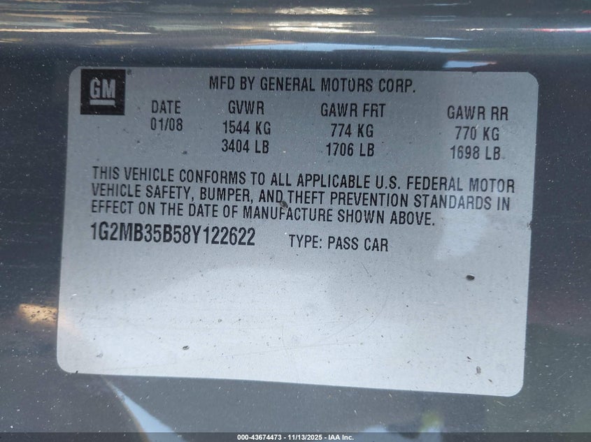 2008 Pontiac Solstice VIN: 1G2MB35B58Y122622 Lot: 43674473