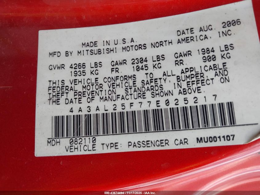 2007 Mitsubishi Eclipse Spyder Gs VIN: 4A3AL25F77E025217 Lot: 43674494