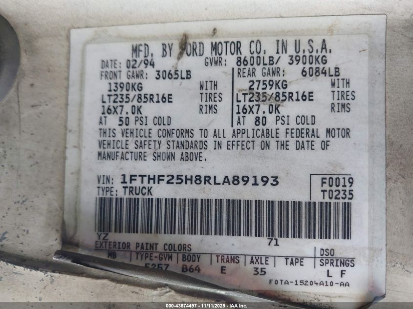 1994 Ford F250 VIN: 1FTHF25H8RLA89193 Lot: 43674497