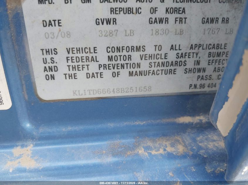 2008 Chevrolet Aveo 5 Ls VIN: KL1TD66648B251658 Lot: 43674501