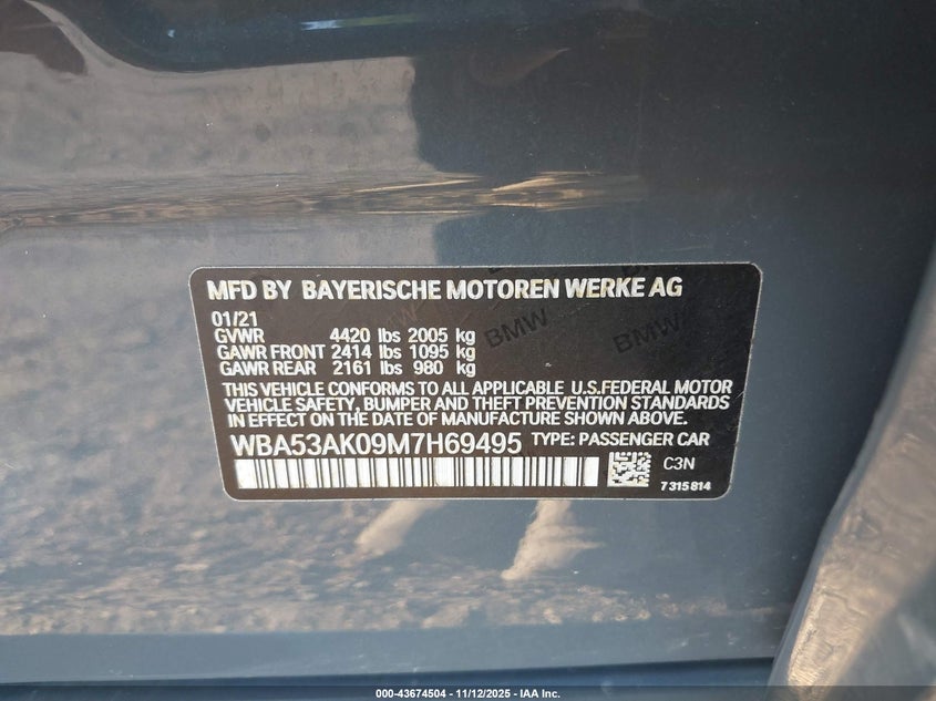 2021 BMW 228I Gran Coupe Sdrive VIN: WBA53AK09M7H69495 Lot: 43674504